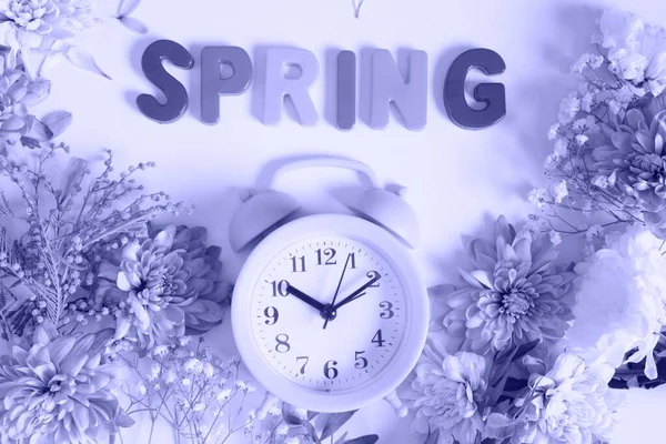 Flowers Alarm Clock Inscription Spring Very Peri Color Trend 2022Background — Stock Photo, Image