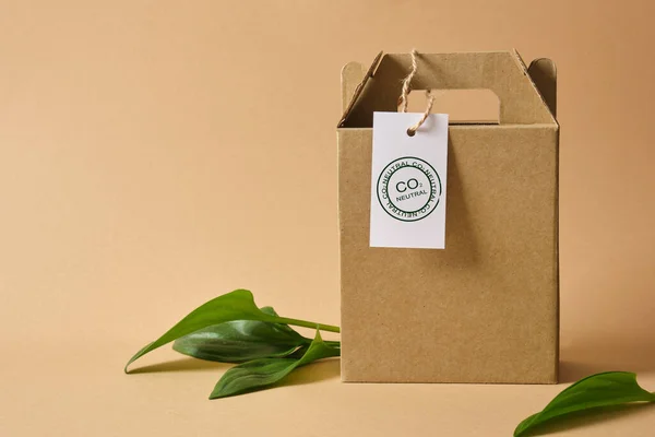 Cardboard Box Handles Delivery Gift Leaves White Tag Marked Co2 — Fotografia de Stock