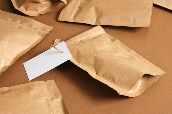 Mock Blank Paper Bags White Cardboard Tag Brown Background Eco — Photo