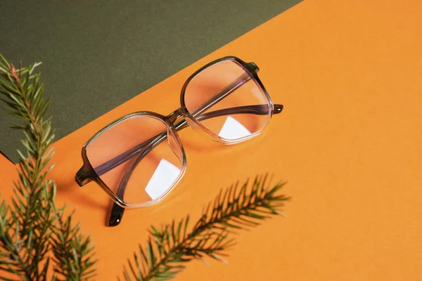 Eye Glasses Orange Green Background Fir Branch Winter Trends Fashion — стоковое фото