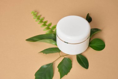 Yeşil yapraklı organik kozmetik plastik kavanoz. Doğal kozmetik konsepti