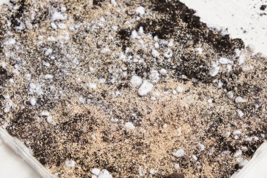 Perlit, vermokülit ve toprak karışımı. Çeşit çeşit toprak katkı maddeleri, şeffaf bir konteynıra yerleştirilmek için verimli topraklar.