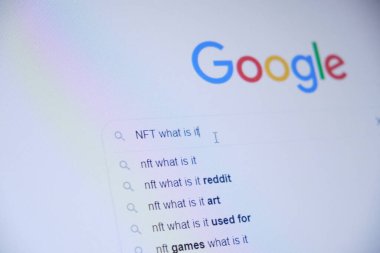 computer monitor close-up, google search for information about cryptocurrency, nft concept clipart