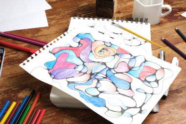 Nörografik konsept, çizim kişinin kendisini tanımasına yardımcı olur, sorunları çözmek ve stresi azaltmak için bir çizimin yardımıyla psikolojik terapi, çizim ve kalemle birlikte bir defter