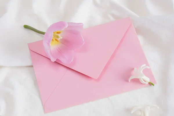 Pink Tulip Little White Hyacinth Flower Pink Envelope White Bed — Stock Photo, Image