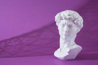 Morumsu arka planda, modaya uygun renkler, kopyalama alanı, taklit alanı üzerinde David 'in antik bir heykelinin kopyası.