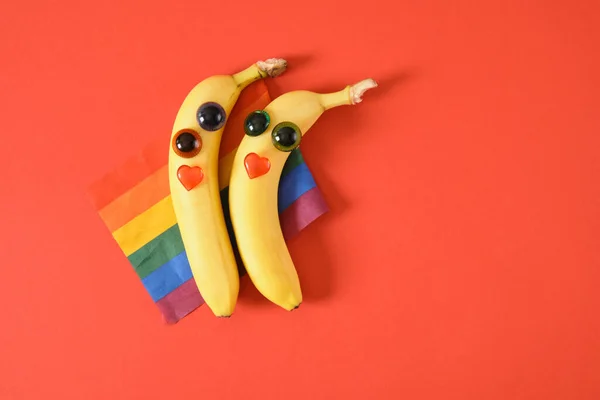 Lgbt Amor Conceito Duas Bananas Bonitos Com Olhos Lgbt Bandeira — Fotografia de Stock