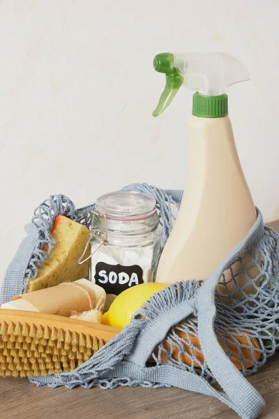 Eco Cleaning Kit Mesh Bag Table Spray Bottle Soda Lemon — Stock Photo, Image