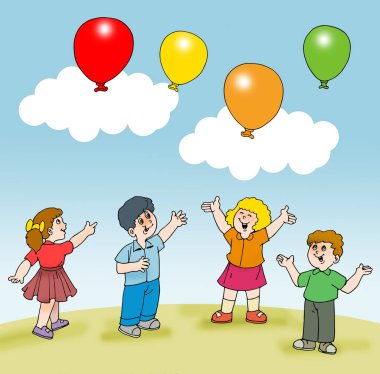 Çocuklar, balonlar ve bulut 