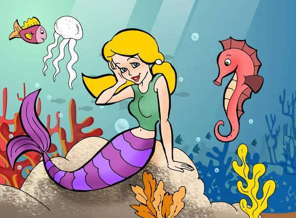 Sea Mermaid Fishes Girl Story Children Stories Story Blue Seas — Stock Photo, Image
