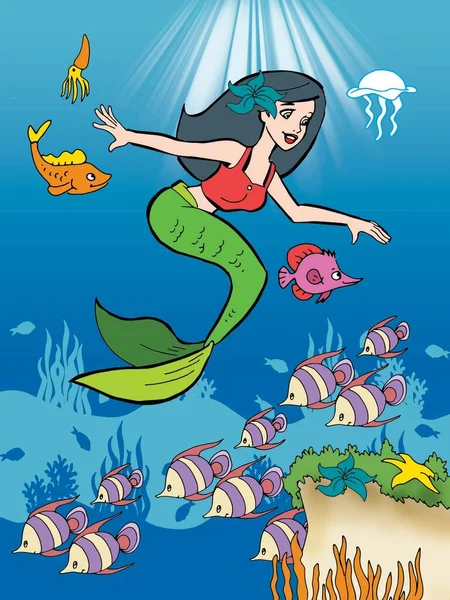 Sea Mermaid Fishes Girl Story Children Stories Story Blue Seas — Stock Photo, Image