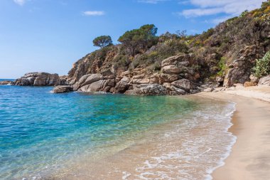 İtalya 'nın Elba Adası' ndaki Cavoli Plajı 'nda insanlar yok. Toskana Takımadaları Ulusal Parkı. Akdeniz kıyısı. Tatil ve turizm konsepti.