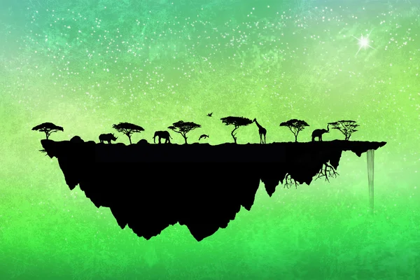 Silueta safari isla flotante con árboles y animales Fotos de stock