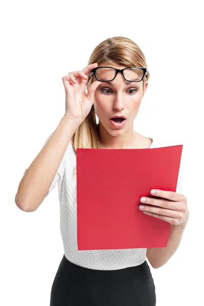Pretty Secretary Surprised Looking to a Red Folder — Stock Photo, Image