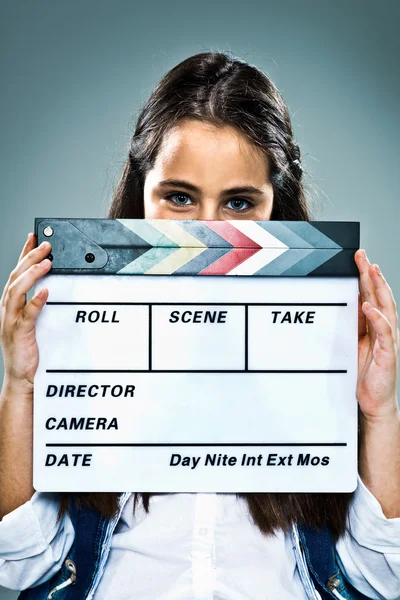 Little Actress with a Slate in His Head — Stock Photo, Image