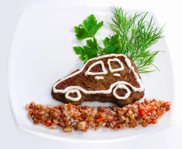 The car-shaped liver pancake with buckwheat porridge for children