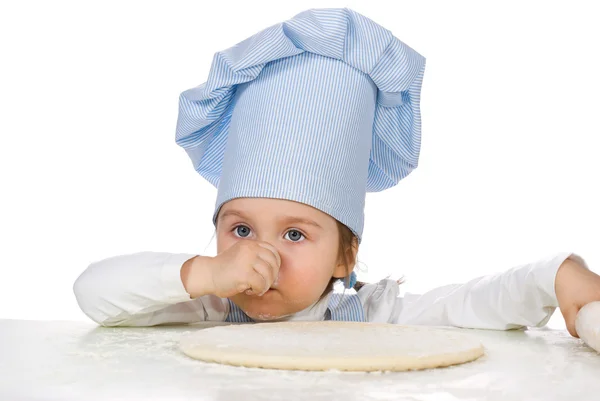 Pretty little girl with pizza dough — Stock Photo, Image
