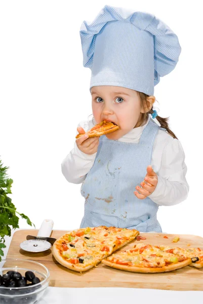 Little girl eating a pizza with salami and vegetables — Stock Photo, Image