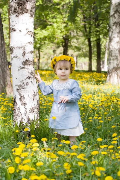 Dziewczyna ładny maluch z kwiatowy głowę wieniec na łące z żółtych kwiatów — Zdjęcie stockowe