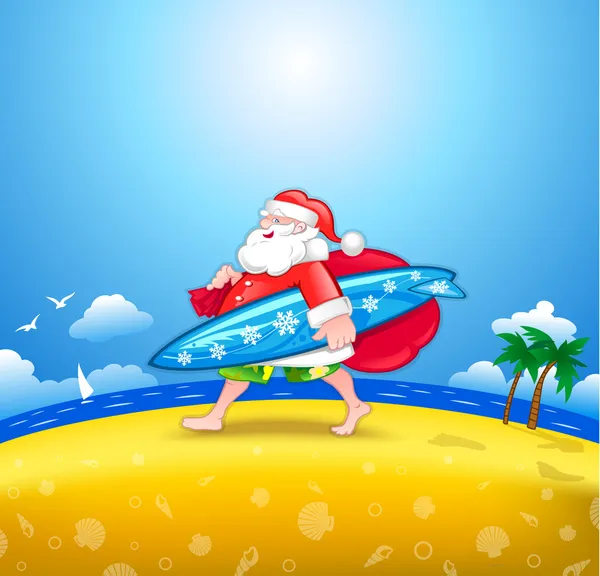 Santa wandelen met surfboard Rechtenvrije Stockvectors