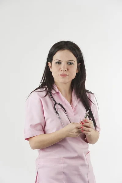 Nurse with stethoscope ready for injection — Stock Photo, Image