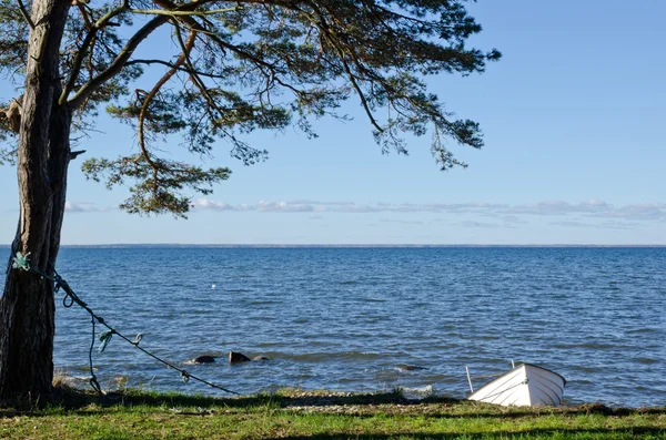 Weißes Ruderboot an der Küste — Stockfoto