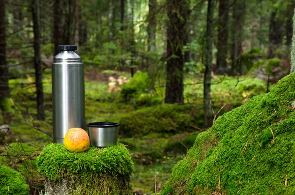 Thermos and apple in deep forest — Stock Photo, Image