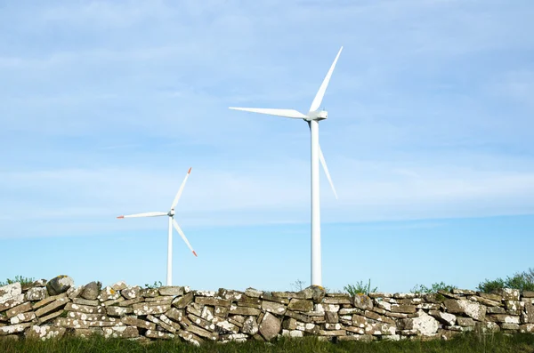 Two wind turbines by an old traditional stonewall at the swedish — Stock Photo, Image