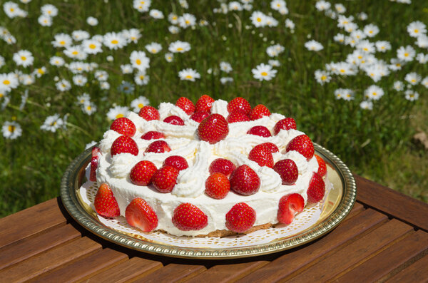 Homemade cake with cream and strawberries