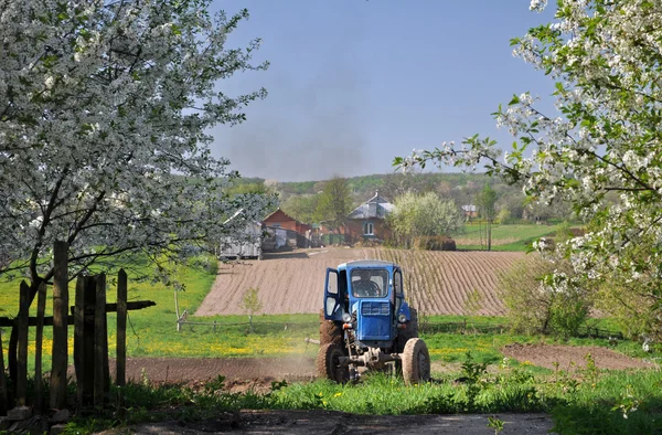 Трактор в саду — стоковое фото