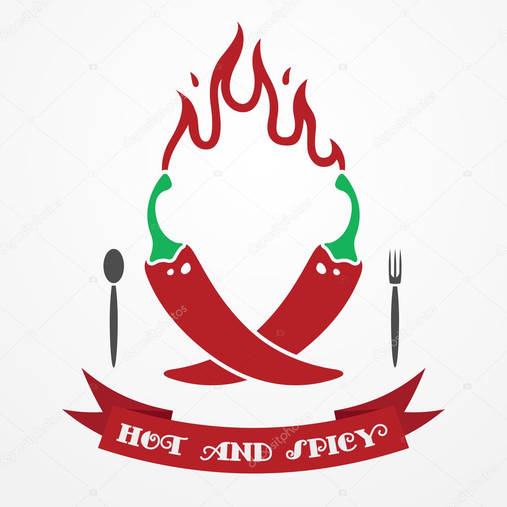 Big flat restaurant emblem with red chili peppers, flame and ribbon