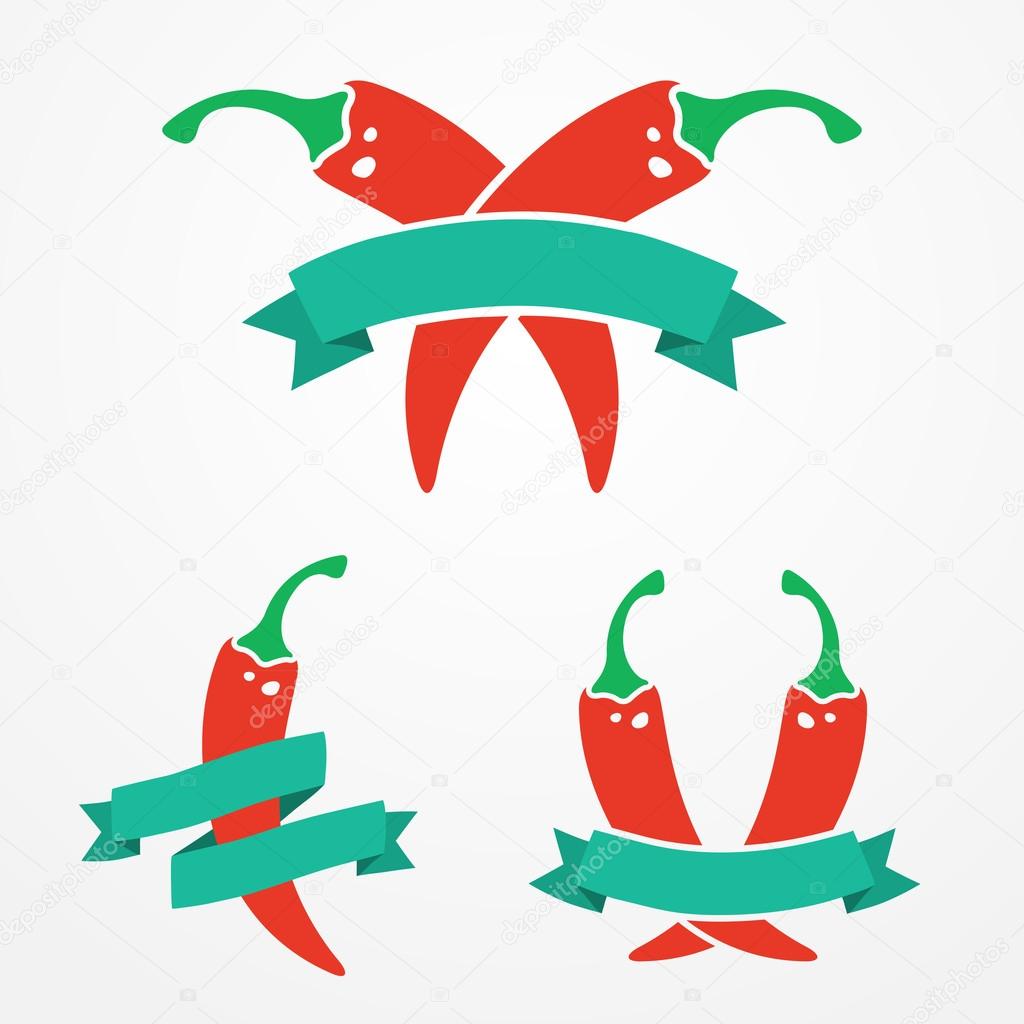 Three flat emblems with red chili peppers and ribbons