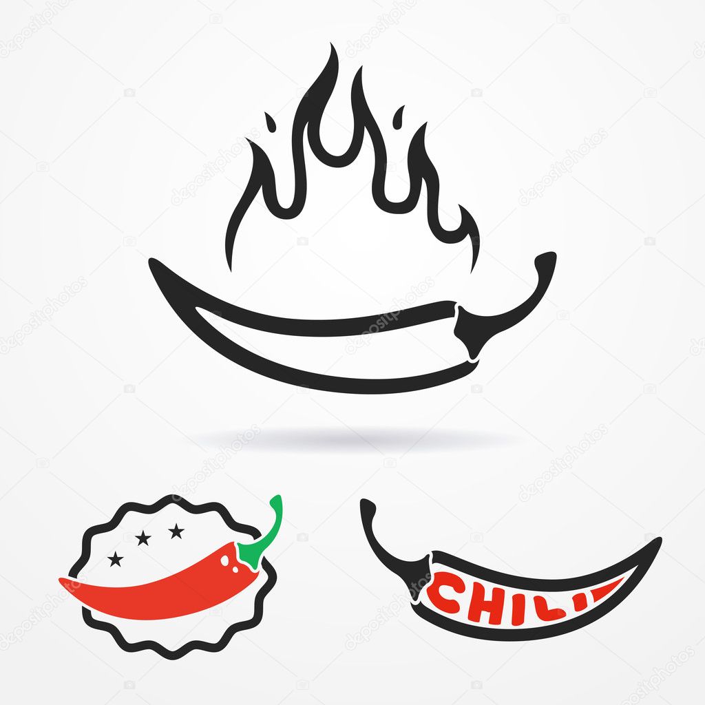 Three flat emblems with red chili peppers and flame