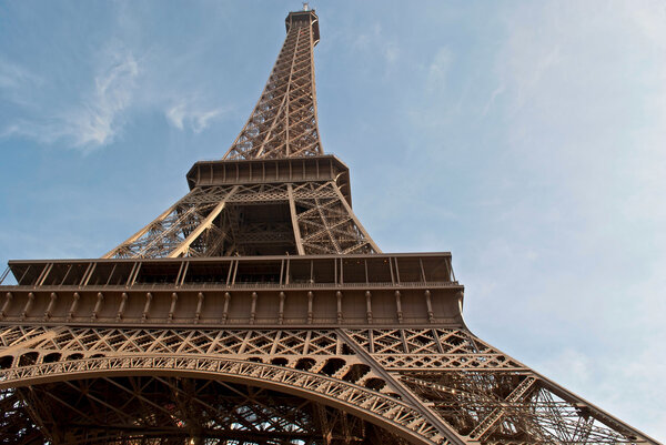 Bottom view of the Eiffel Tower openwork design.