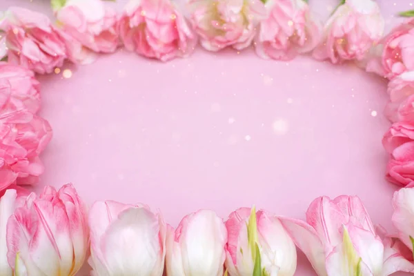 Creativa composición de fondo de primavera flores de colores sobre fondo rosa — Foto de Stock