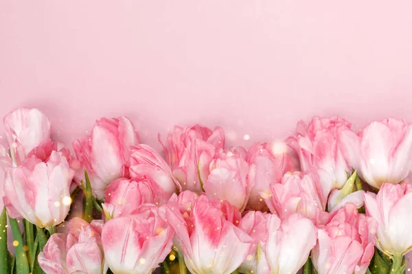 Creativa composición de fondo de primavera flores de colores sobre fondo rosa. — Foto de Stock