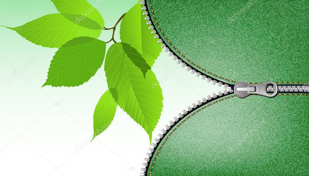 Eco background with green leaves and opening zipper. Vector illu