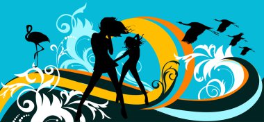 Kızlar, çiçekler ve kuşlar dans ile çizim