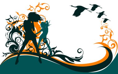 Kızlar, çiçekler ve kuşlar dans ile vektör çizim