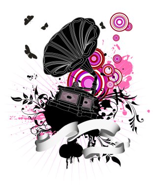 gramofon grunge floral arka plan üzerinde