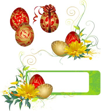 Paskalya yumurtaları ve çiçekler ile çerçeve.