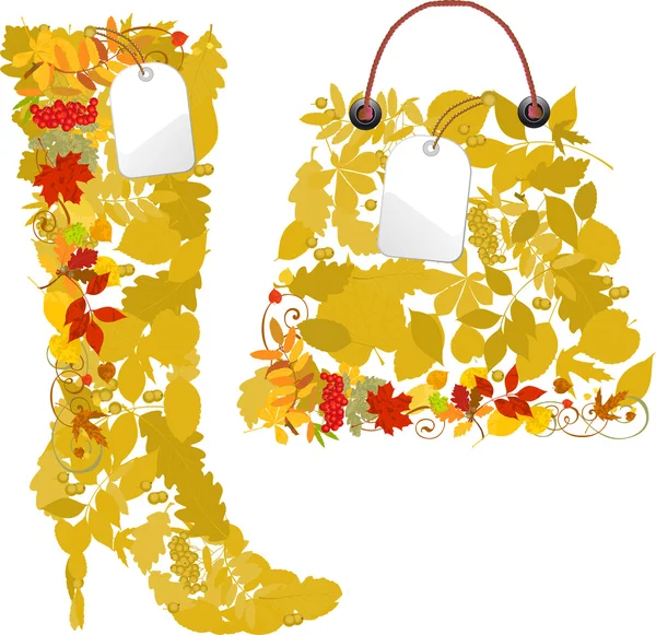 Botas y bolsas de hojas de otoño . — Vector de stock