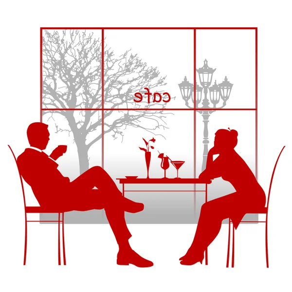 Silhouet van een paar in het café. — Stockvector