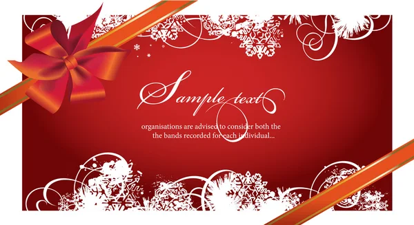 Tarjeta de celebración, con cinta roja y copos de nieve — Vector de stock