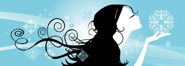 Black haired lady enjoys first snow — Stockvector