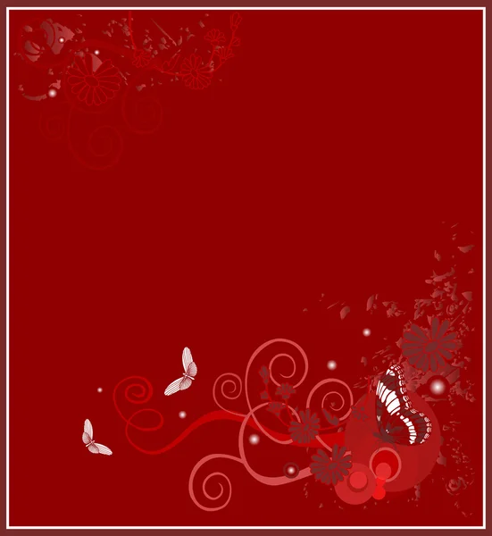 Fondo floral rojo con mariposas — Vector de stock