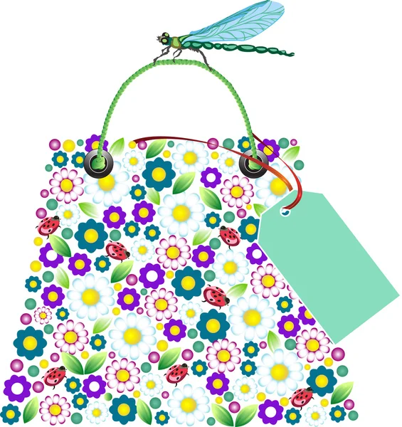 Shopping flowers bag with dragonfly. — Stock Vector