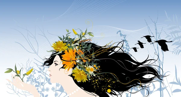 Belle femme avec des fleurs et des oiseaux dans les cheveux . — Image vectorielle