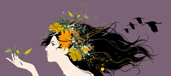 Belle femme avec des fleurs et des oiseaux dans les cheveux — Image vectorielle