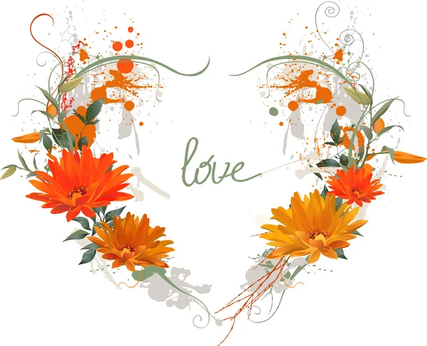 Coeur floral orné et encre grise splat — Image vectorielle